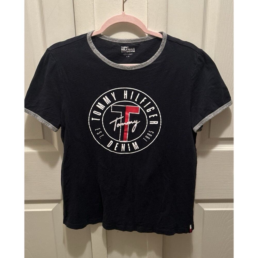 TOMMY HILFIGER Mens Graphic T-Shirt Top Large Navy Blue Cotton